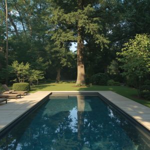 Piscina rodeada de árboles en una urbanización