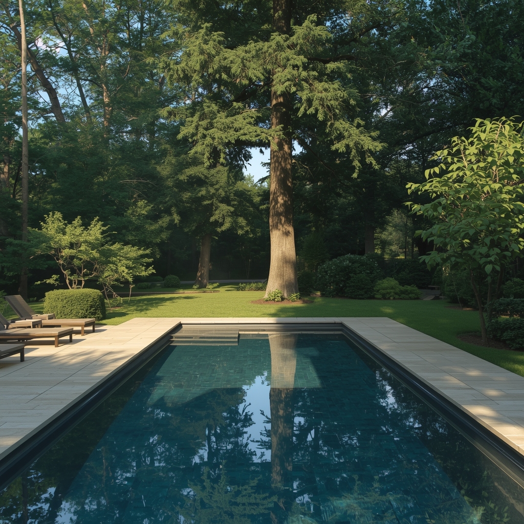 Piscina rodeada de árboles en una urbanización